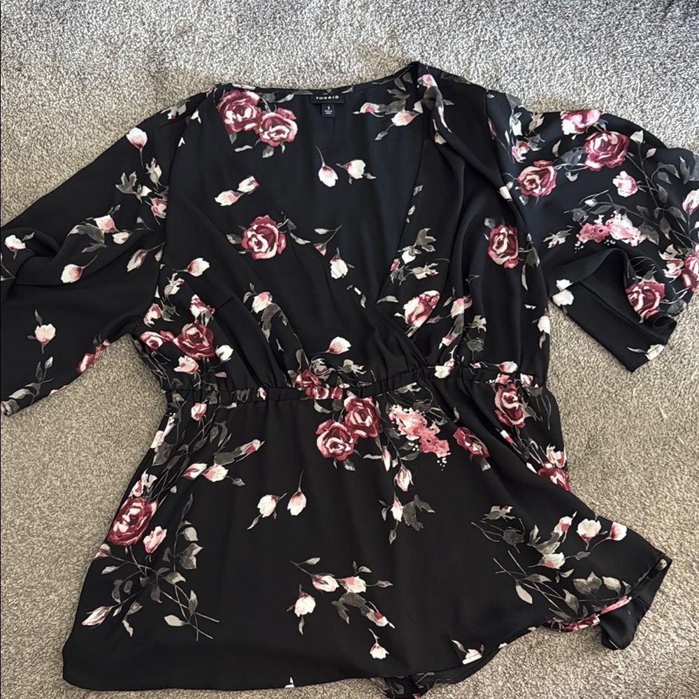 Torrid Black and Pink Floral Puff Sleeve Wrap Blouse